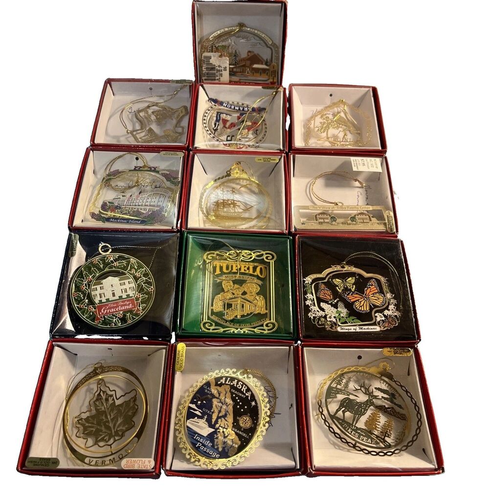 Vintage Lot Of 13 Nations Treasures 24kt Gold Flashed Brass Ornaments USA Canada
